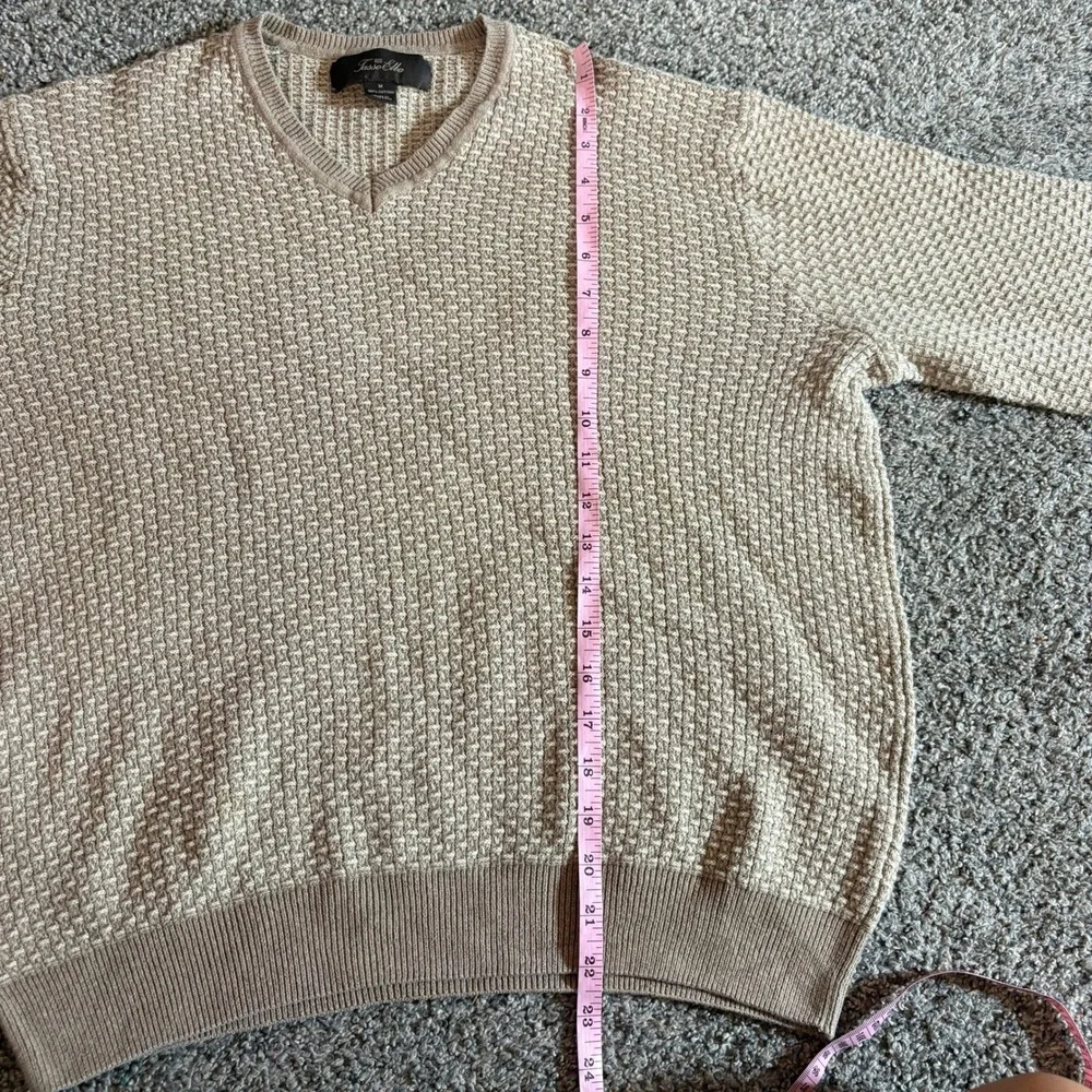 Tasso Elba Sweater Mens‎ Medium Tan Textured V-Neck 100% Cotton Pullover Knit